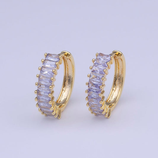 24K Gold Filled Clear Purple Baguette Lined 18.5mm Huggie Hoop Earrings