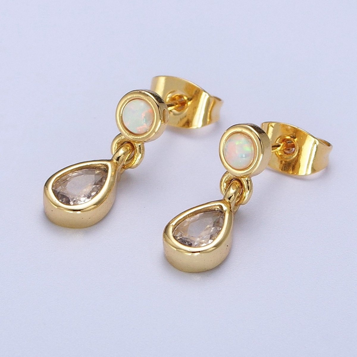 Dainty 24K Gold Filled Clear Teardrop Drop Dangle Round White Opal Stud Earrings