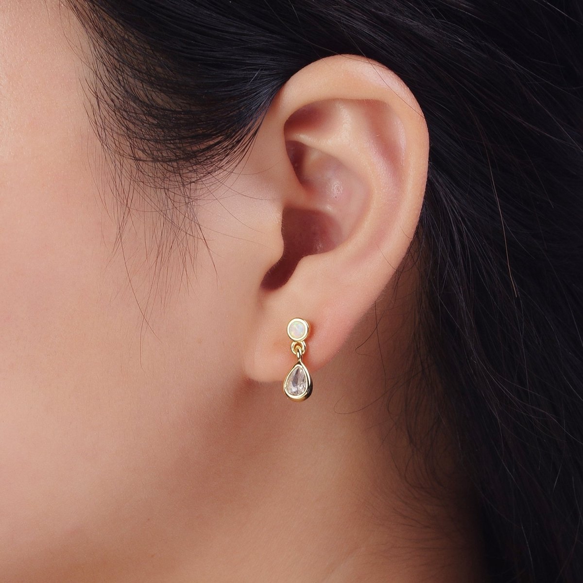 Dainty 24K Gold Filled Clear Teardrop Drop Dangle Round White Opal Stud Earrings