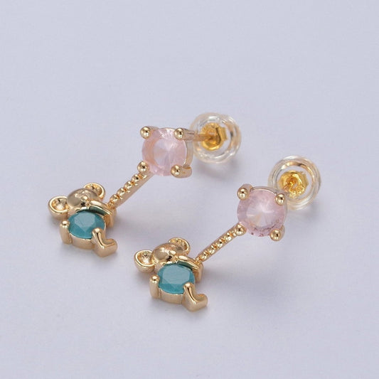 24K Gold Filled Cute CZ Pink Round Studs with Tiny Mouse Blue Cubic Zirconia Charm Dangle Earrings