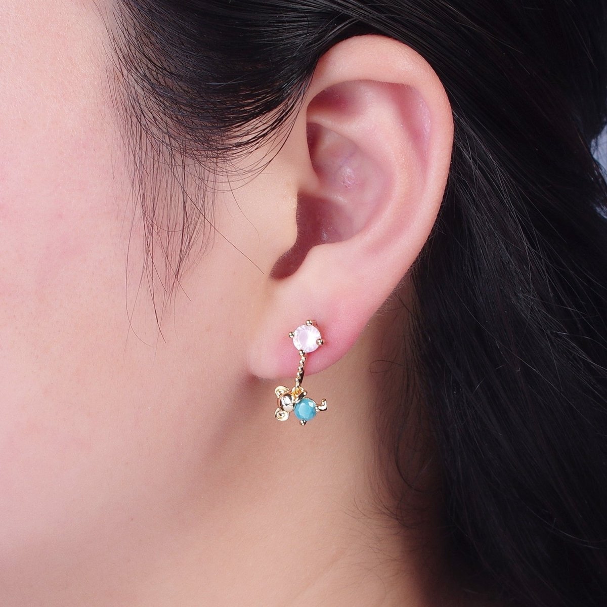 24K Gold Filled Cute CZ Pink Round Studs with Tiny Mouse Blue Cubic Zirconia Charm Dangle Earrings
