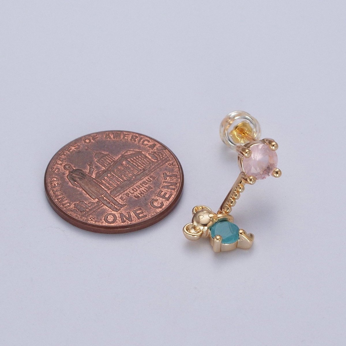 24K Gold Filled Cute CZ Pink Round Studs with Tiny Mouse Blue Cubic Zirconia Charm Dangle Earrings