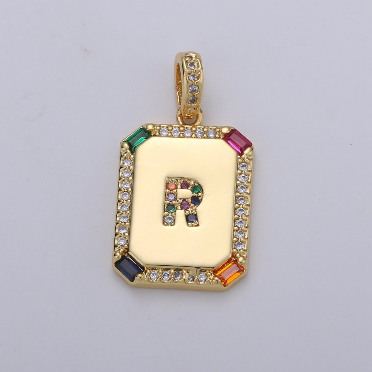 24K Gold-Filled Multicolored CZ Micro Pave Initial Letter Pendant Initials Letter Tag Charm Rainbow Letter A-Z