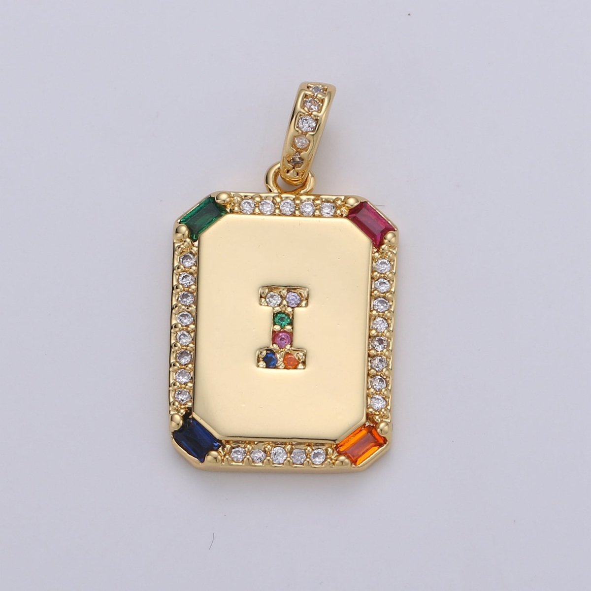 24K Gold-Filled Multicolored CZ Micro Pave Initial Letter Pendant Initials Letter Tag Charm Rainbow Letter A-Z
