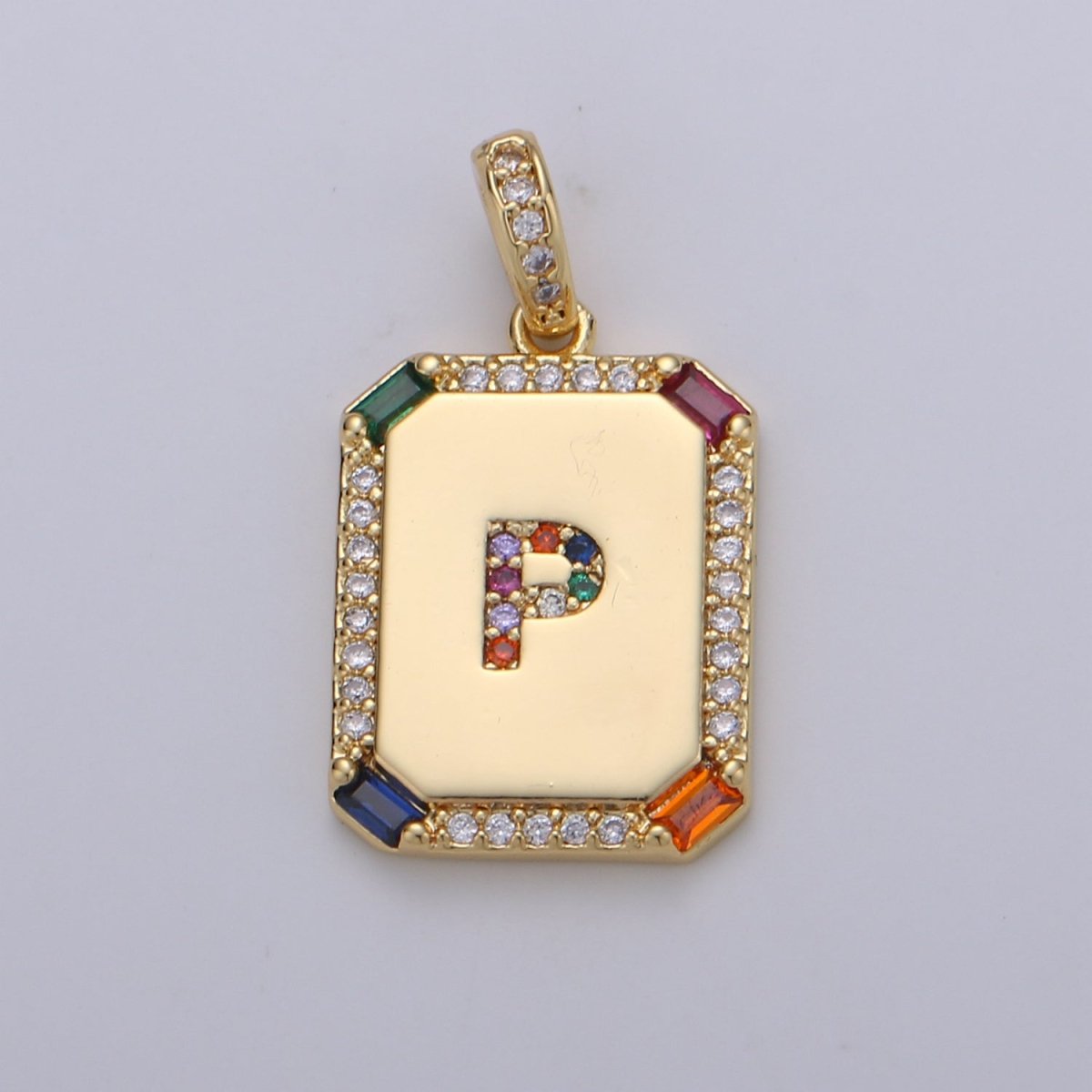 24K Gold-Filled Multicolored CZ Micro Pave Initial Letter Pendant Initials Letter Tag Charm Rainbow Letter A-Z