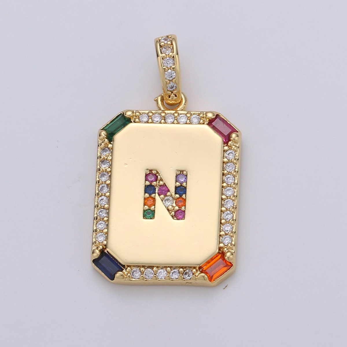 24K Gold-Filled Multicolored CZ Micro Pave Initial Letter Pendant Initials Letter Tag Charm Rainbow Letter A-Z