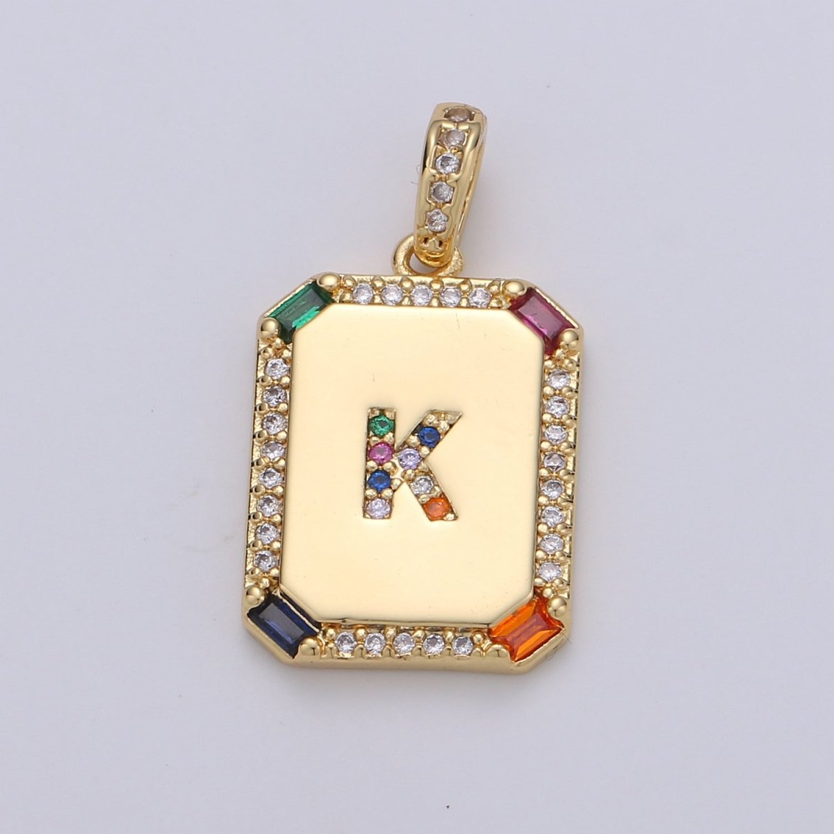 24K Gold-Filled Multicolored CZ Micro Pave Initial Letter Pendant Initials Letter Tag Charm Rainbow Letter A-Z