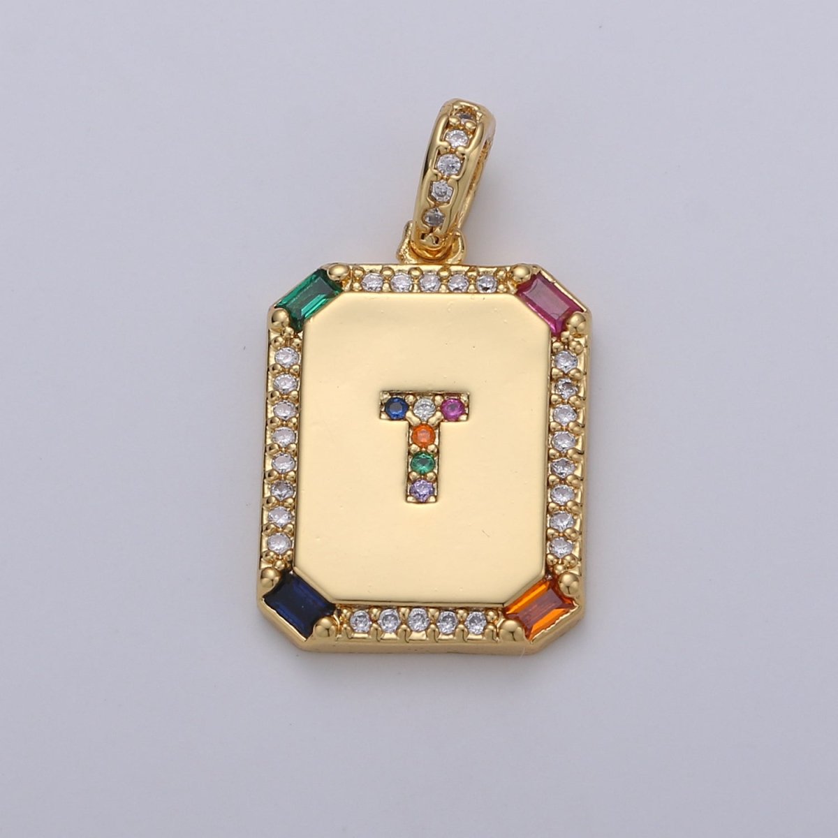 24K Gold-Filled Multicolored CZ Micro Pave Initial Letter Pendant Initials Letter Tag Charm Rainbow Letter A-Z