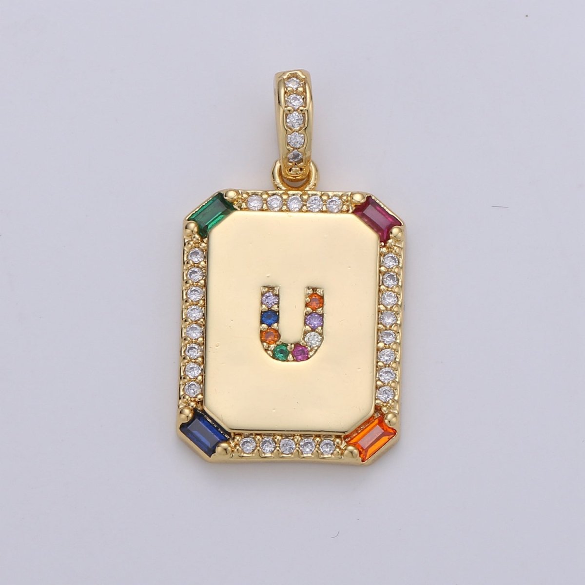 24K Gold-Filled Multicolored CZ Micro Pave Initial Letter Pendant Initials Letter Tag Charm Rainbow Letter A-Z