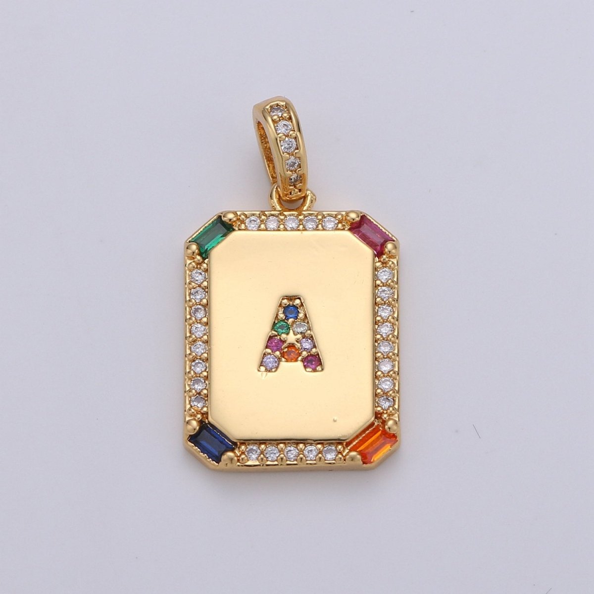 24K Gold-Filled Multicolored CZ Micro Pave Initial Letter Pendant Initials Letter Tag Charm Rainbow Letter A-Z