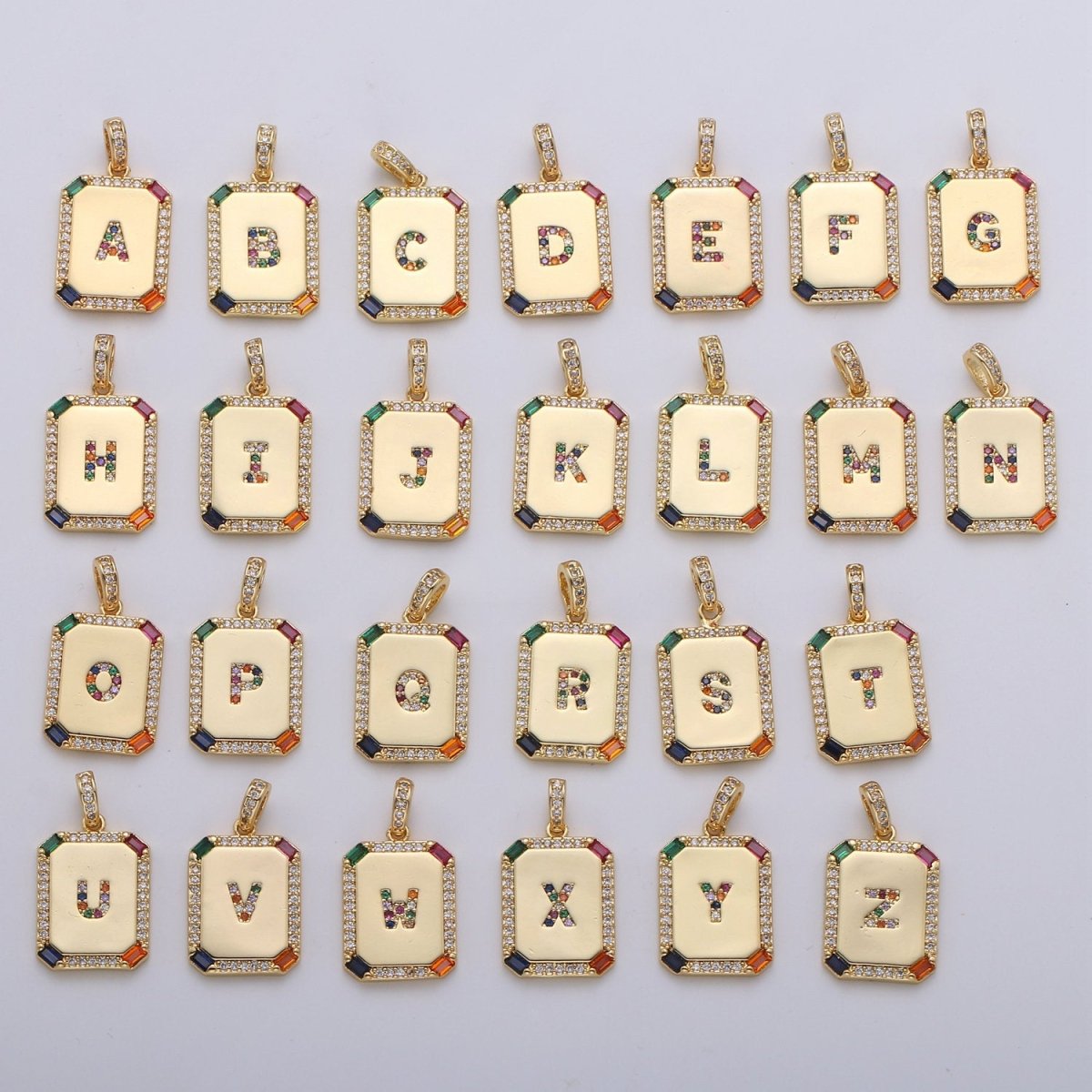 24K Gold-Filled Multicolored CZ Micro Pave Initial Letter Pendant Initials Letter Tag Charm Rainbow Letter A-Z