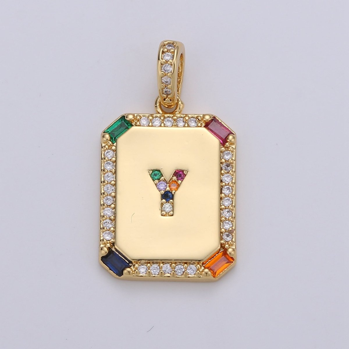 24K Gold-Filled Multicolored CZ Micro Pave Initial Letter Pendant Initials Letter Tag Charm Rainbow Letter A-Z