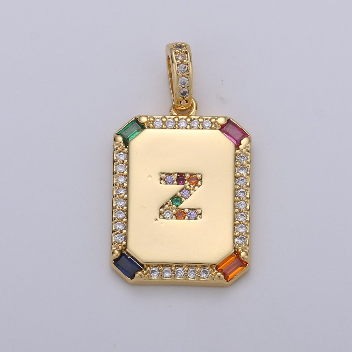 24K Gold-Filled Multicolored CZ Micro Pave Initial Letter Pendant Initials Letter Tag Charm Rainbow Letter A-Z