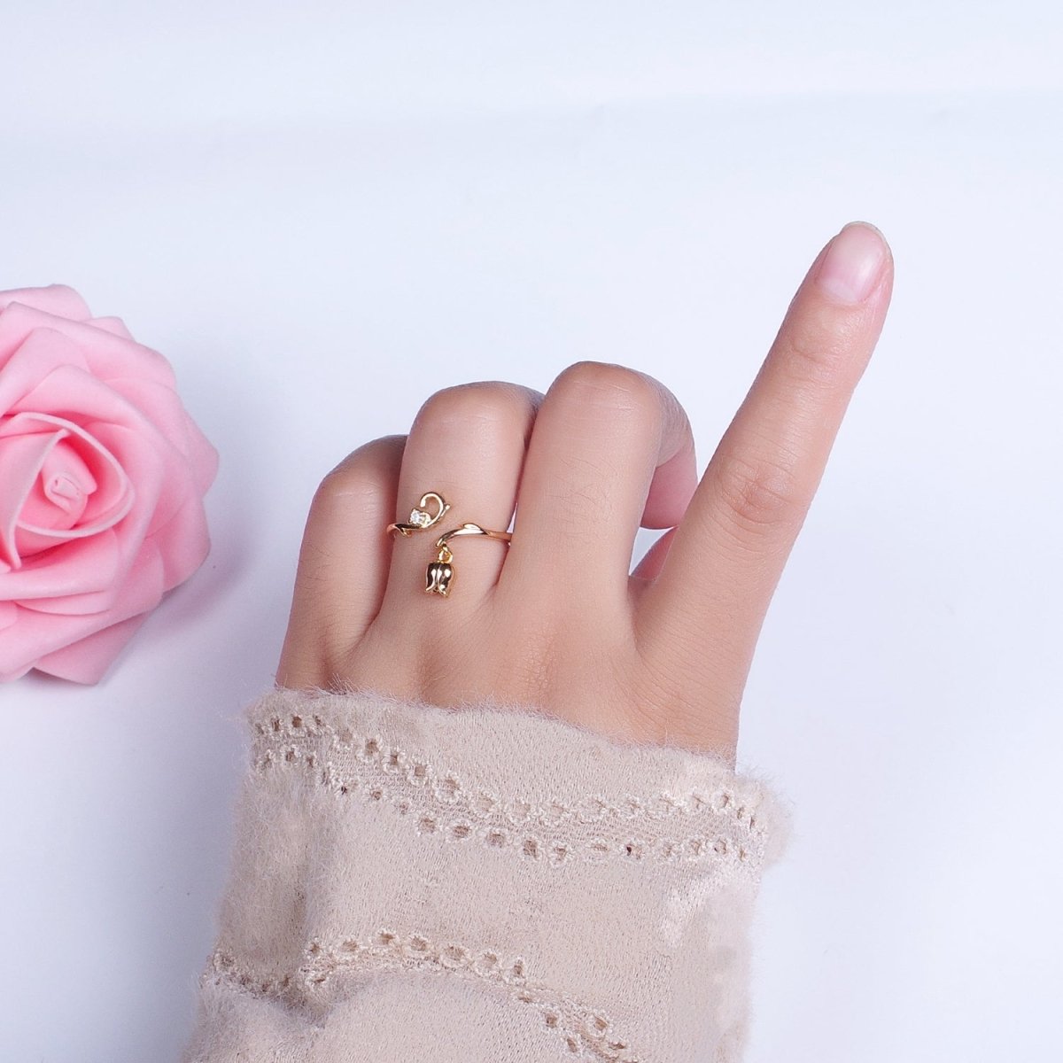 Sweet 24K Gold Filled CZ Vine Rose Dangle Adjustable Ring