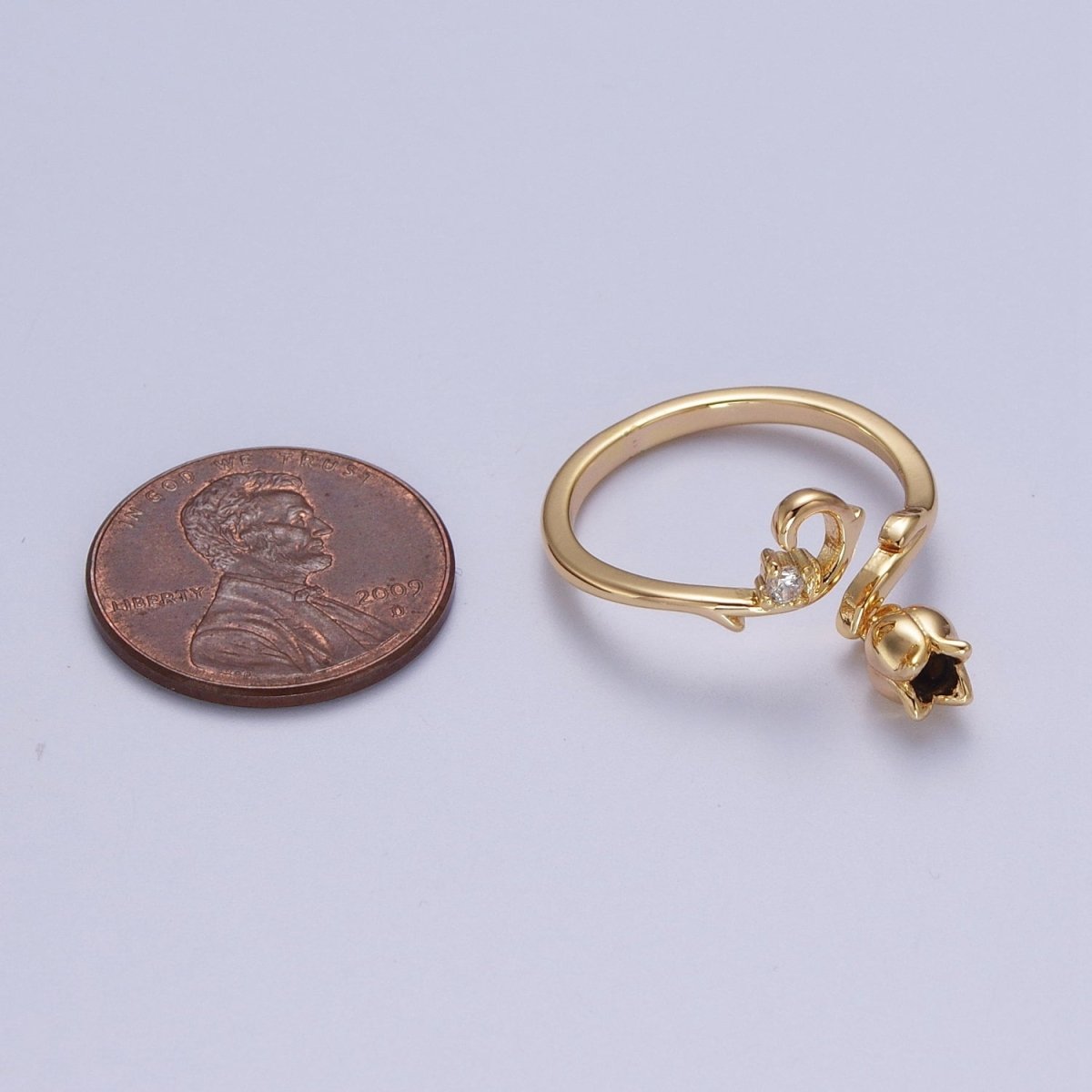 Sweet 24K Gold Filled CZ Vine Rose Dangle Adjustable Ring