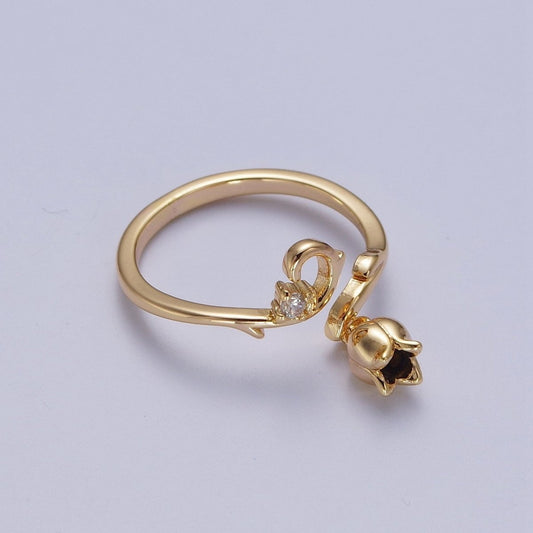 Sweet 24K Gold Filled CZ Vine Rose Dangle Adjustable Ring