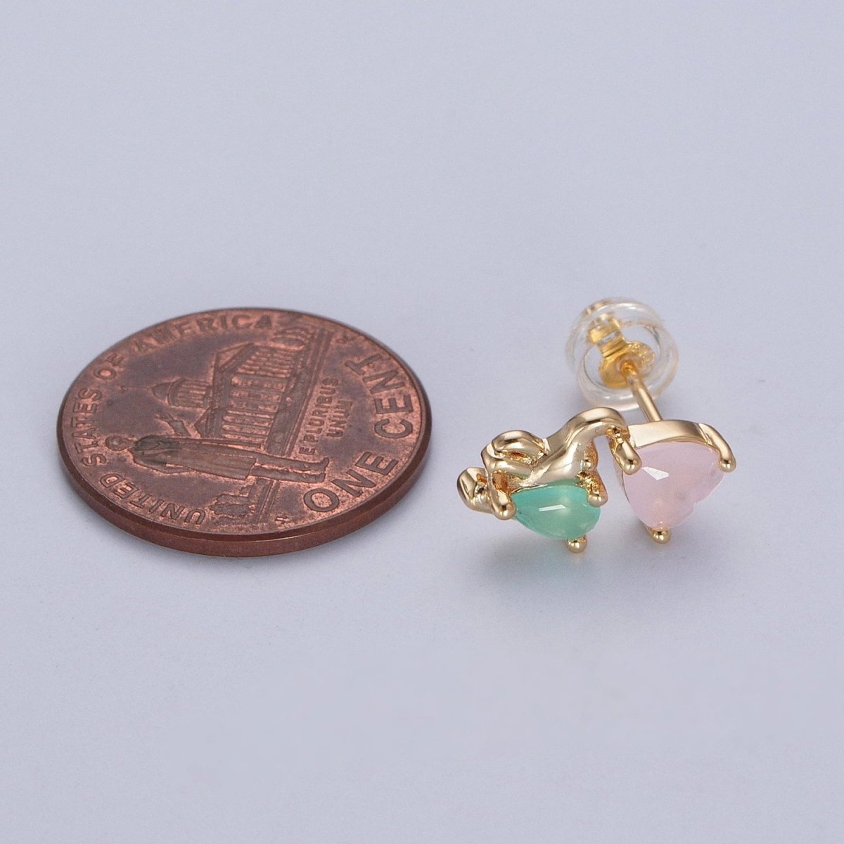 24K Gold Filled Dainty Pink CZ Heart with Green CZ Elephant Stud Earrings