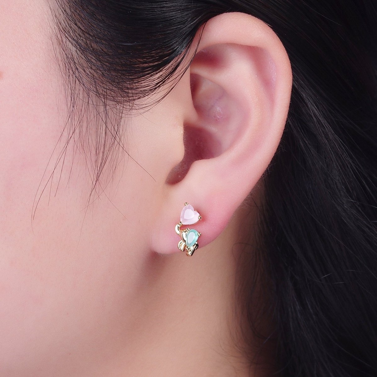 24K Gold Filled Dainty Pink CZ Heart with Green CZ Elephant Stud Earrings