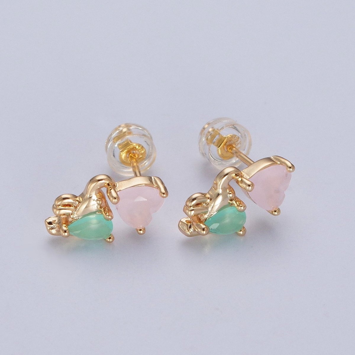 24K Gold Filled Dainty Pink CZ Heart with Green CZ Elephant Stud Earrings