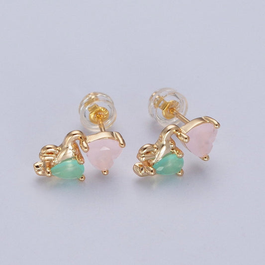 24K Gold Filled Dainty Pink CZ Heart with Green CZ Elephant Stud Earrings