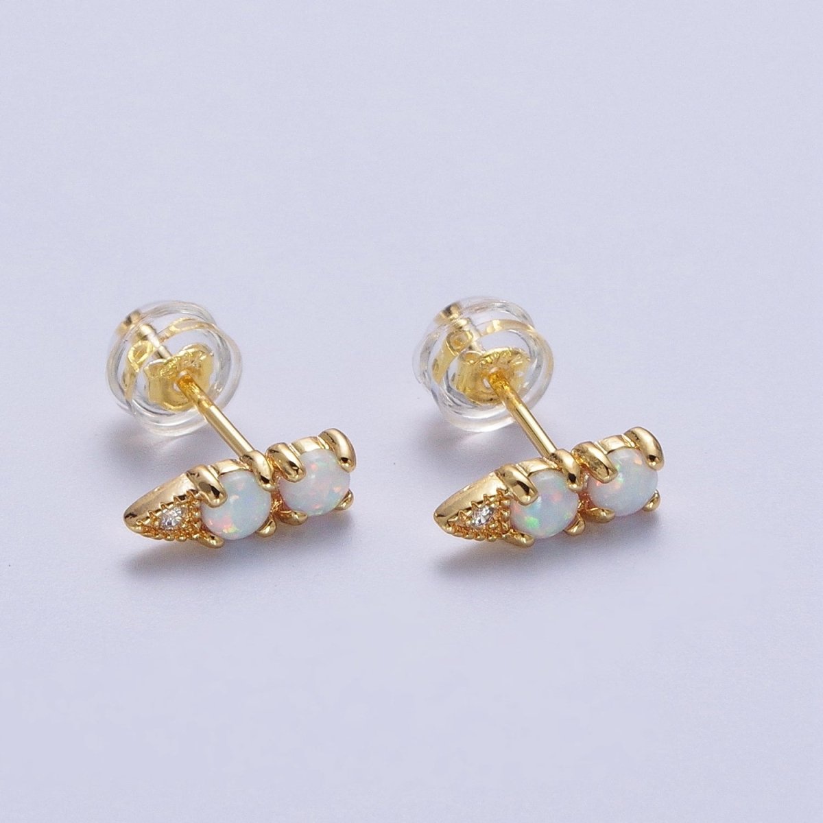 Minimalist 24K Gold-Filled Two Round White Opal CZ Arrow Stud Earrings