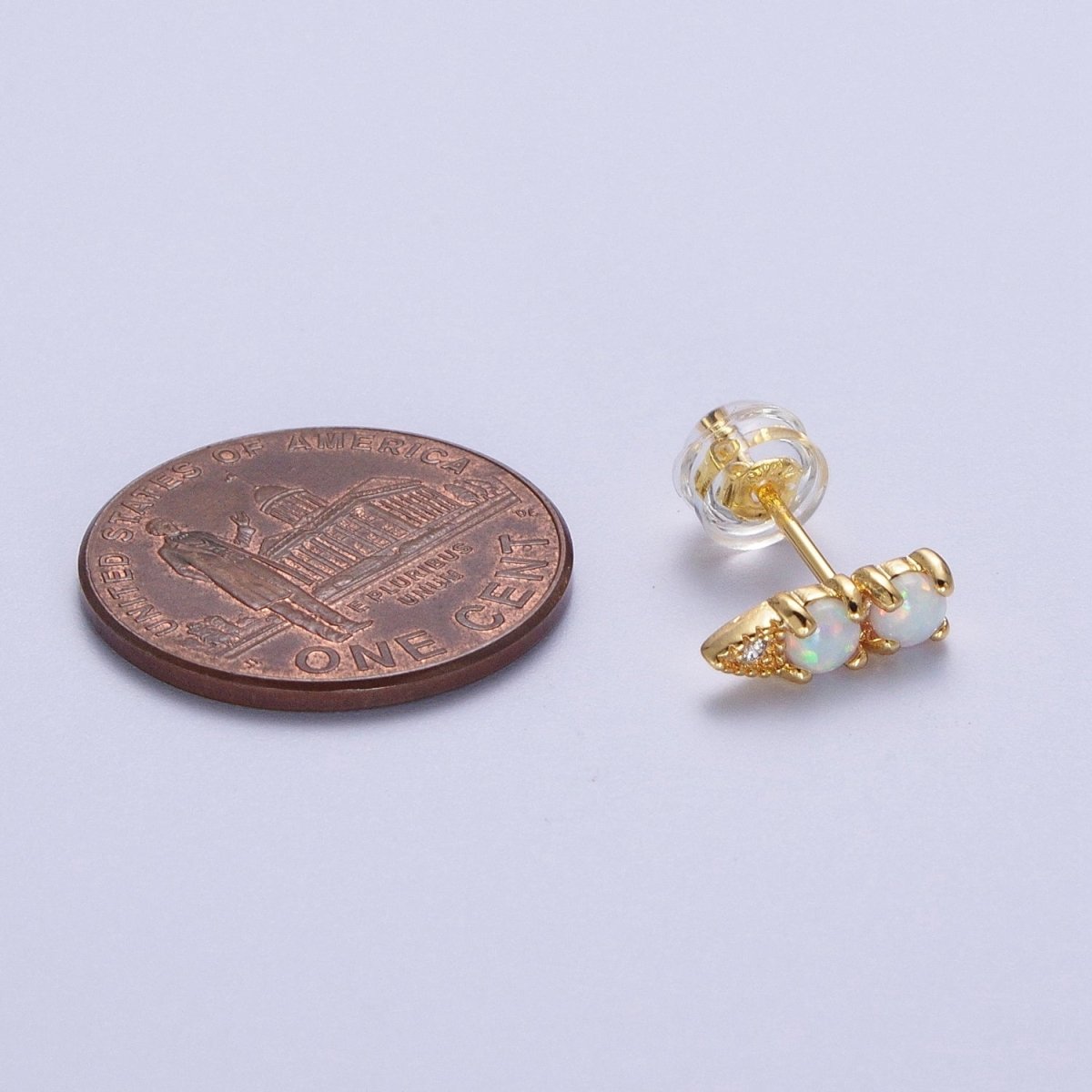 Minimalist 24K Gold-Filled Two Round White Opal CZ Arrow Stud Earrings