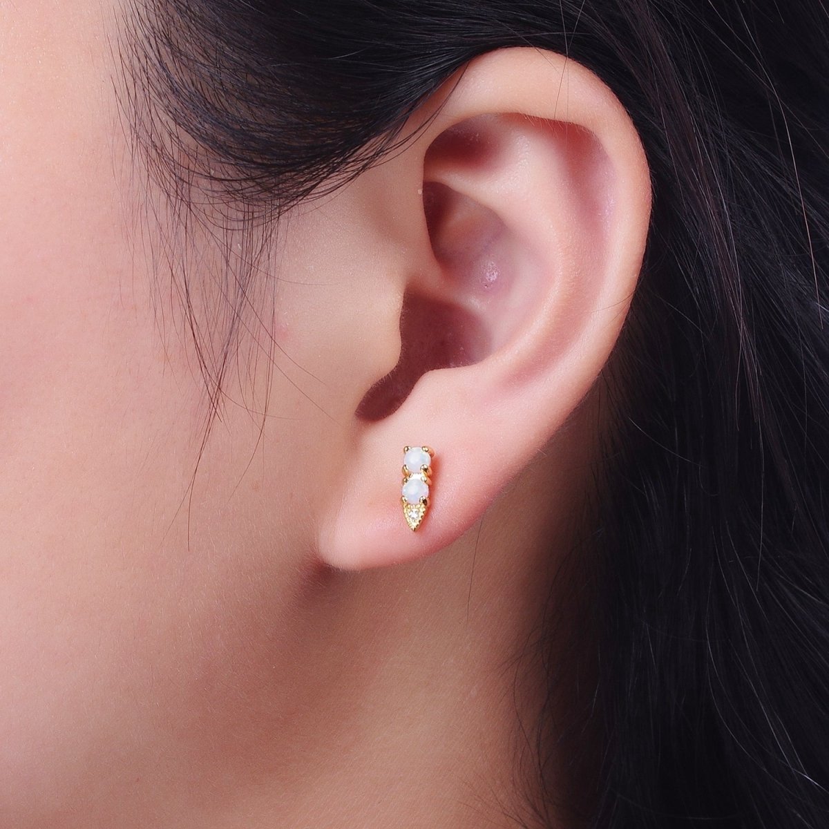 Minimalist 24K Gold-Filled Two Round White Opal CZ Arrow Stud Earrings