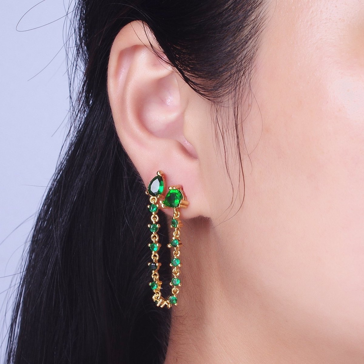 24K Gold Filled Emerald Green Double Cubic Zirconia Teardrop Round Stud Chain Earrings