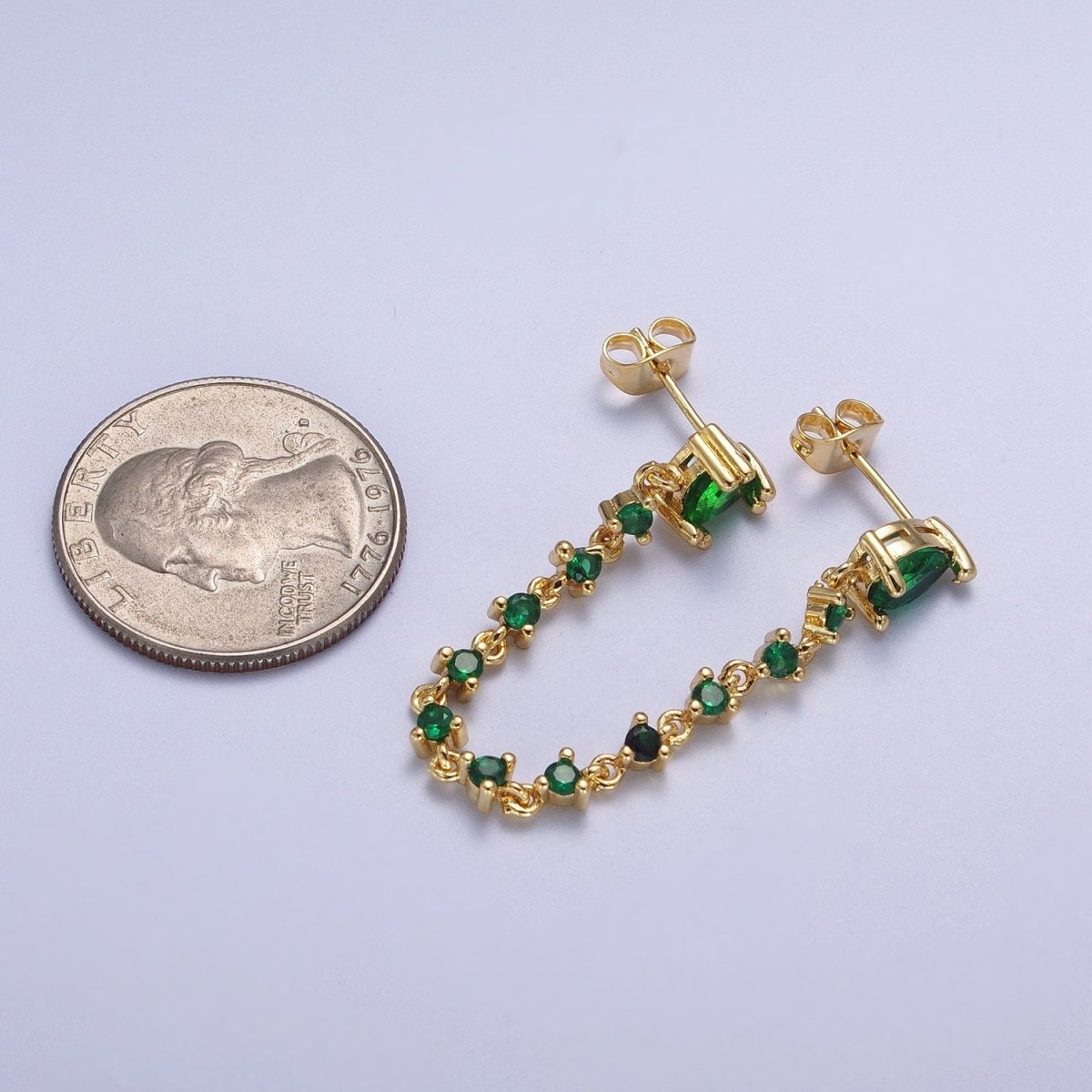 24K Gold Filled Emerald Green Double Cubic Zirconia Teardrop Round Stud Chain Earrings