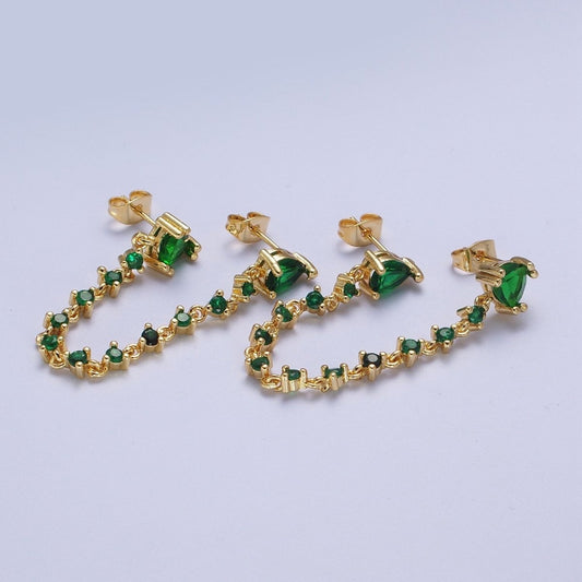 24K Gold Filled Emerald Green Double Cubic Zirconia Teardrop Round Stud Chain Earrings