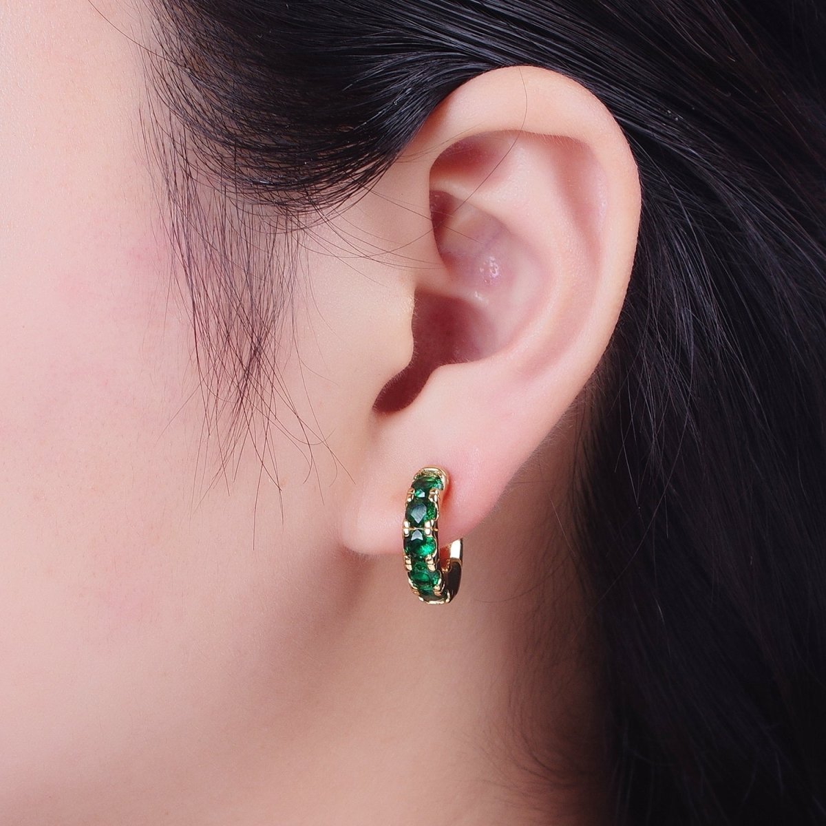 24K Gold Filled Emerald Green Micro Pave Cubic Zirconia 16.5mmx17mm Huggie Hoop Earrings