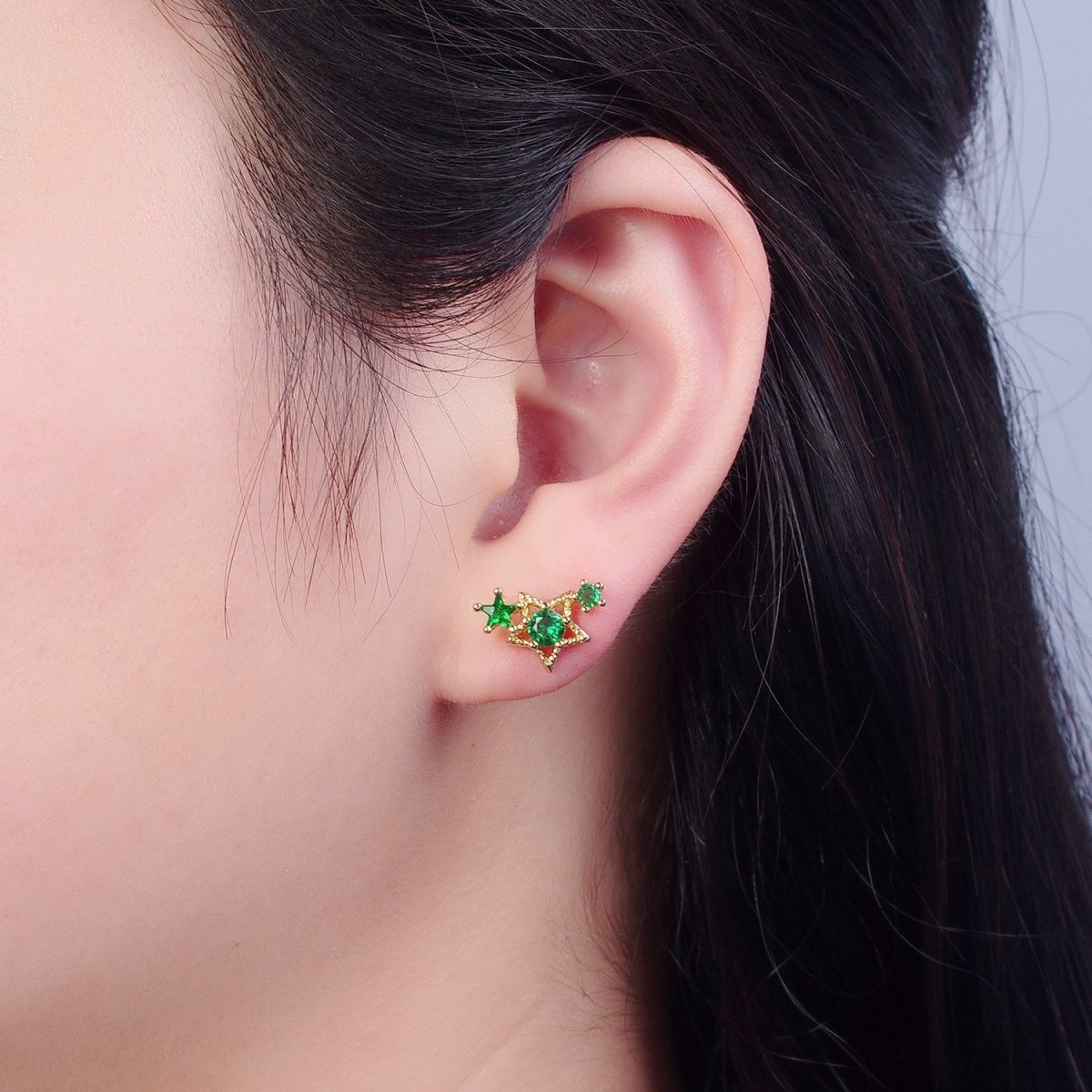 24K Gold Filled Emerald Green Star Studs Celestial Night Cubic Zirconia CZ Earrings