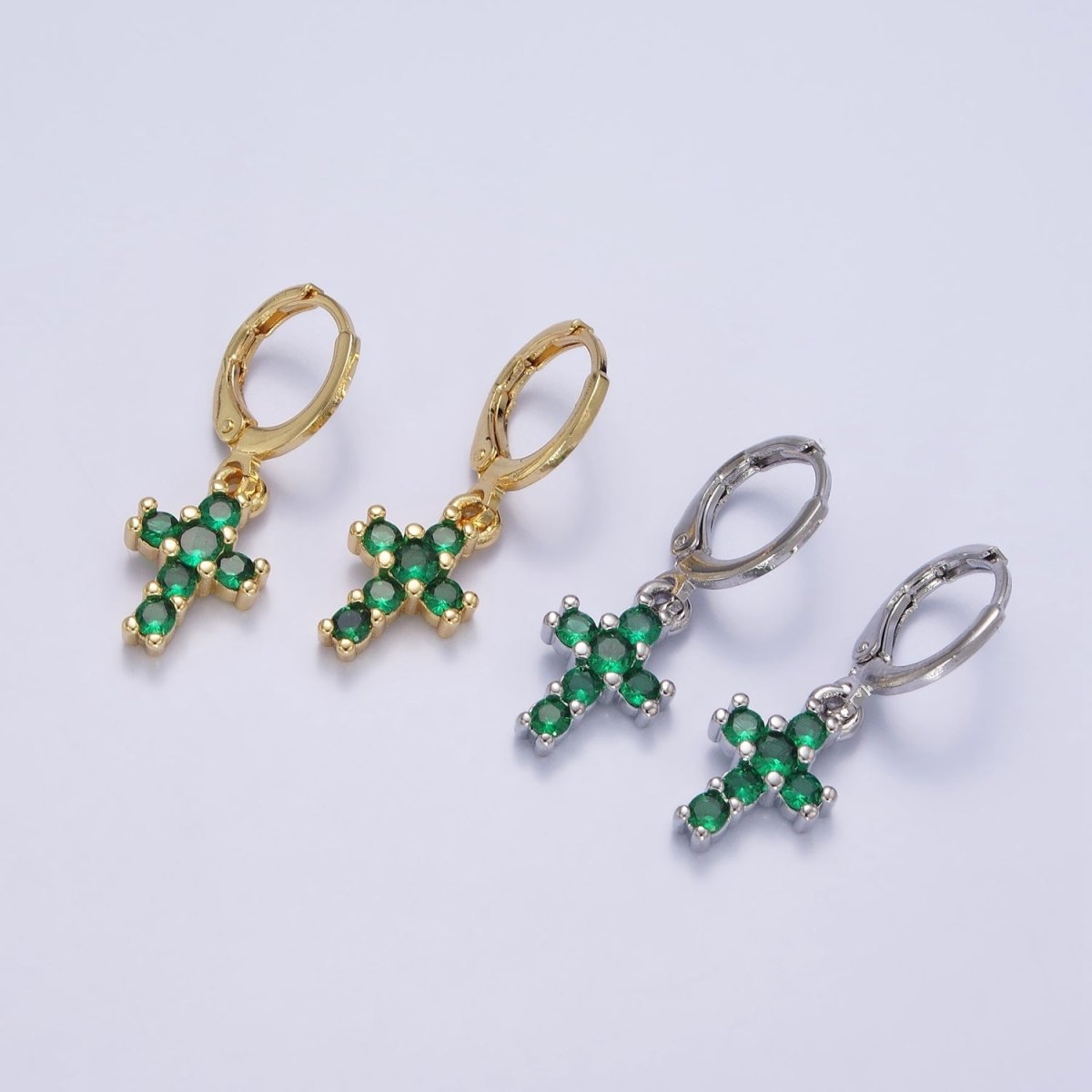 Dainty 24K Gold Filled Green Micro Paved CZ Cross Drop Huggie Earrings in Gold & Silver