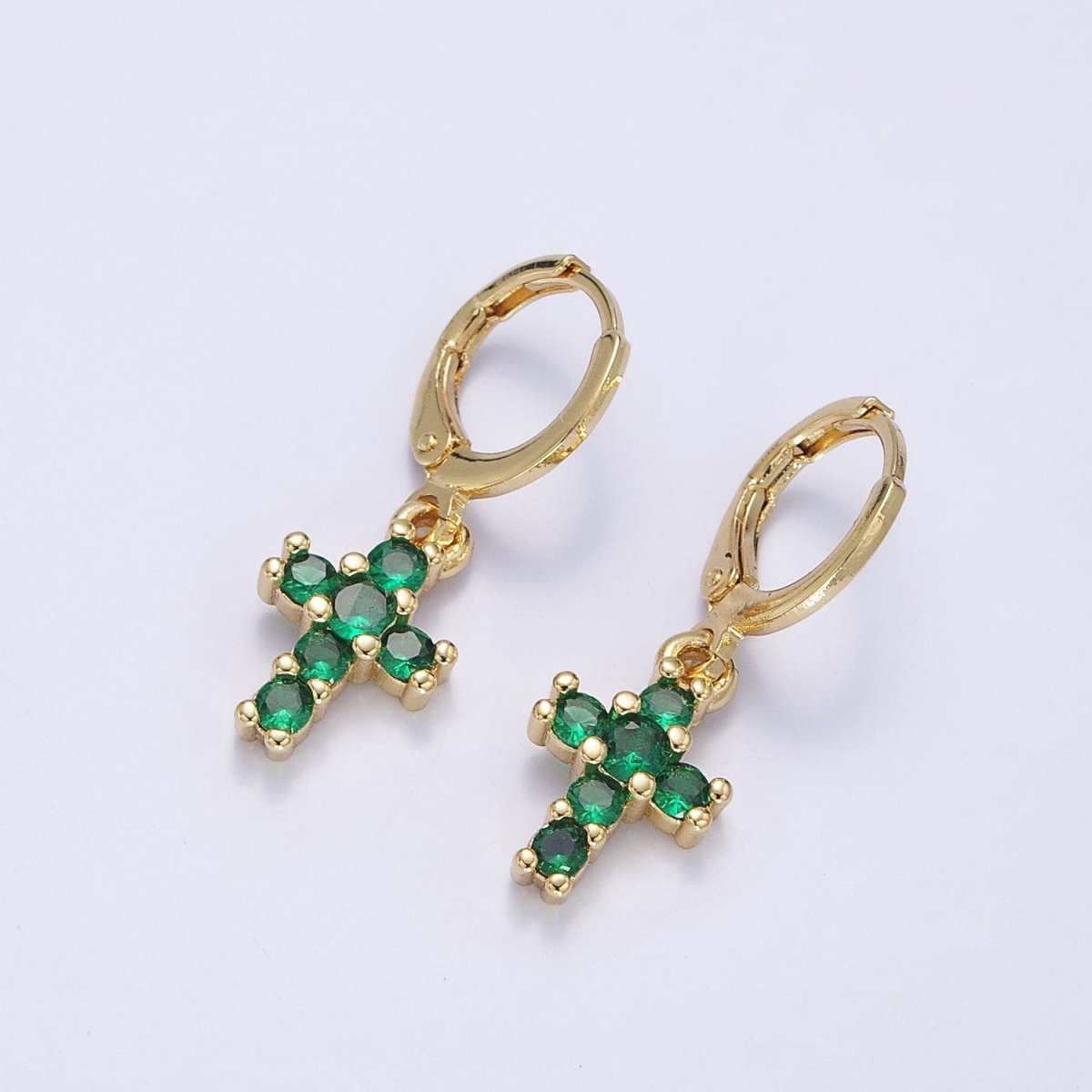 Dainty 24K Gold Filled Green Micro Paved CZ Cross Drop Huggie Earrings in Gold & Silver
