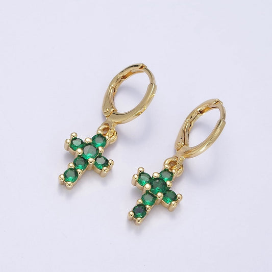 Dainty 24K Gold Filled Green Micro Paved CZ Cross Drop Huggie Earrings in Gold & Silver