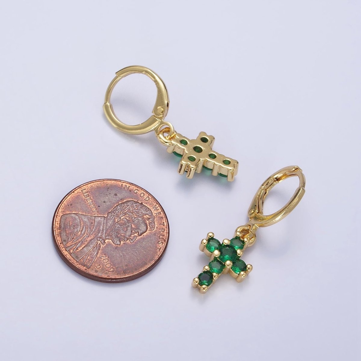 Dainty 24K Gold Filled Green Micro Paved CZ Cross Drop Huggie Earrings in Gold & Silver