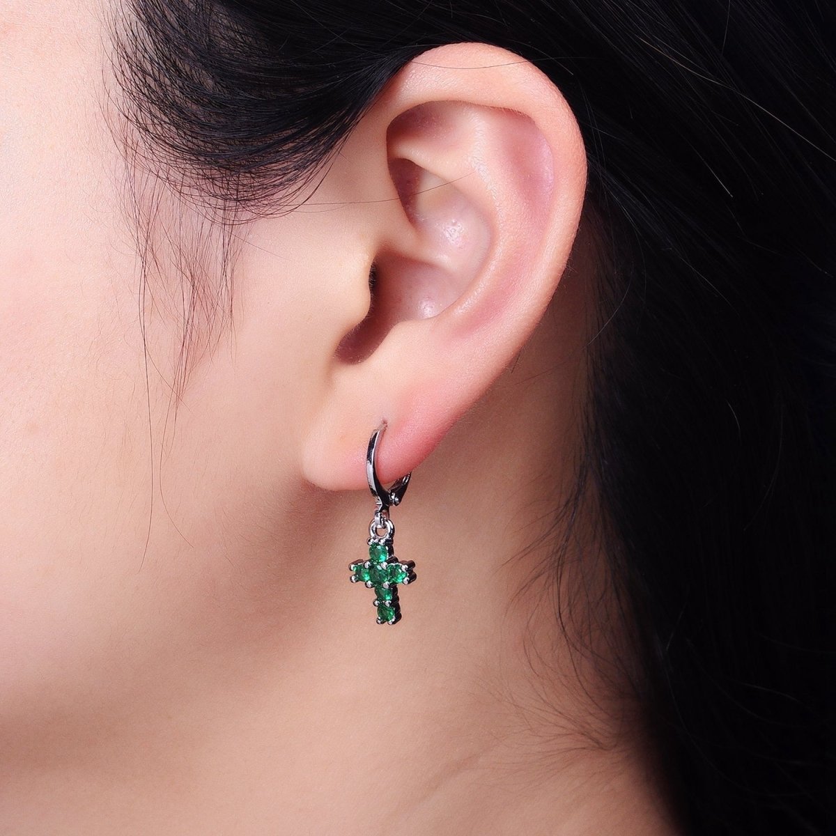 Dainty 24K Gold Filled Green Micro Paved CZ Cross Drop Huggie Earrings in Gold & Silver