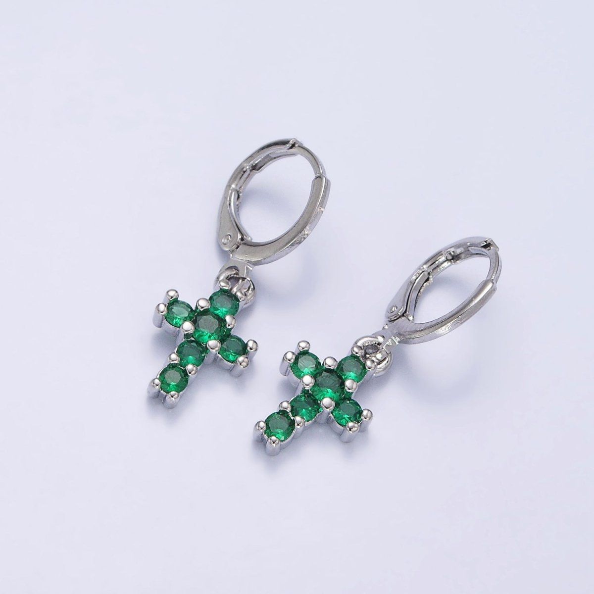 Dainty 24K Gold Filled Green Micro Paved CZ Cross Drop Huggie Earrings in Gold & Silver