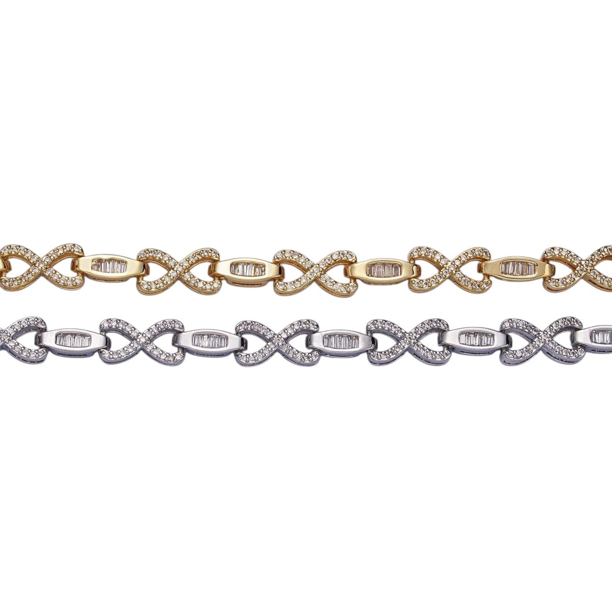 Gorgeous 24k Gold Filled 6.5mm Designed XOXO Baguette Cable Link 17 Inch Necklace in Silver & Gold