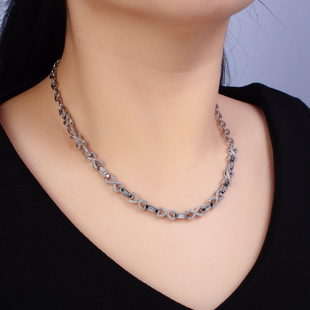 Gorgeous 24k Gold Filled 6.5mm Designed XOXO Baguette Cable Link 17 Inch Necklace in Silver & Gold