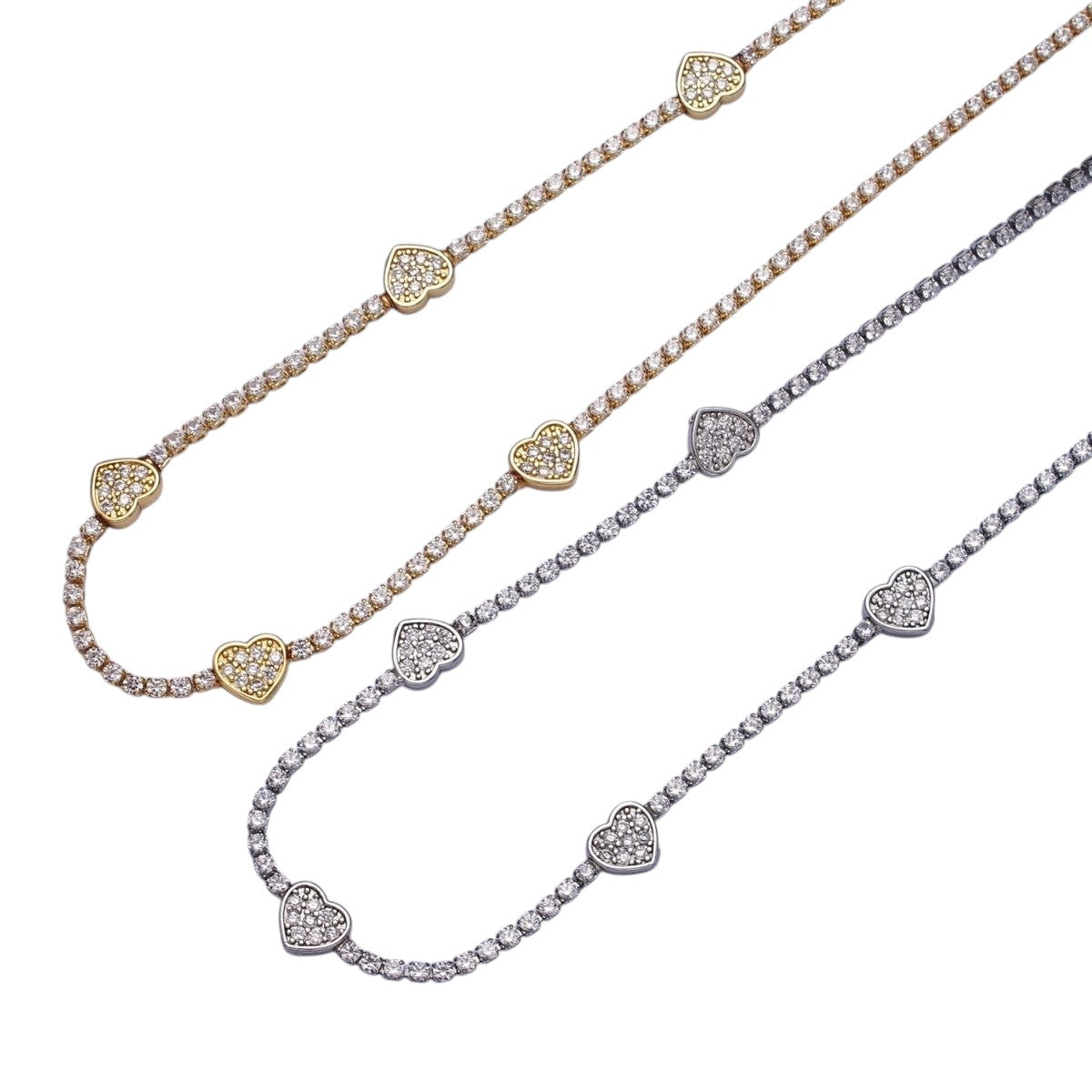 Gorgeous 24k Gold Filled Heart Tennis Chain 14 Inch Choker Necklace in Gold & Silver