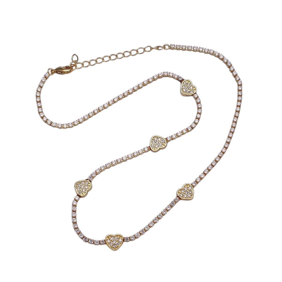Gorgeous 24k Gold Filled Heart Tennis Chain 14 Inch Choker Necklace in Gold & Silver