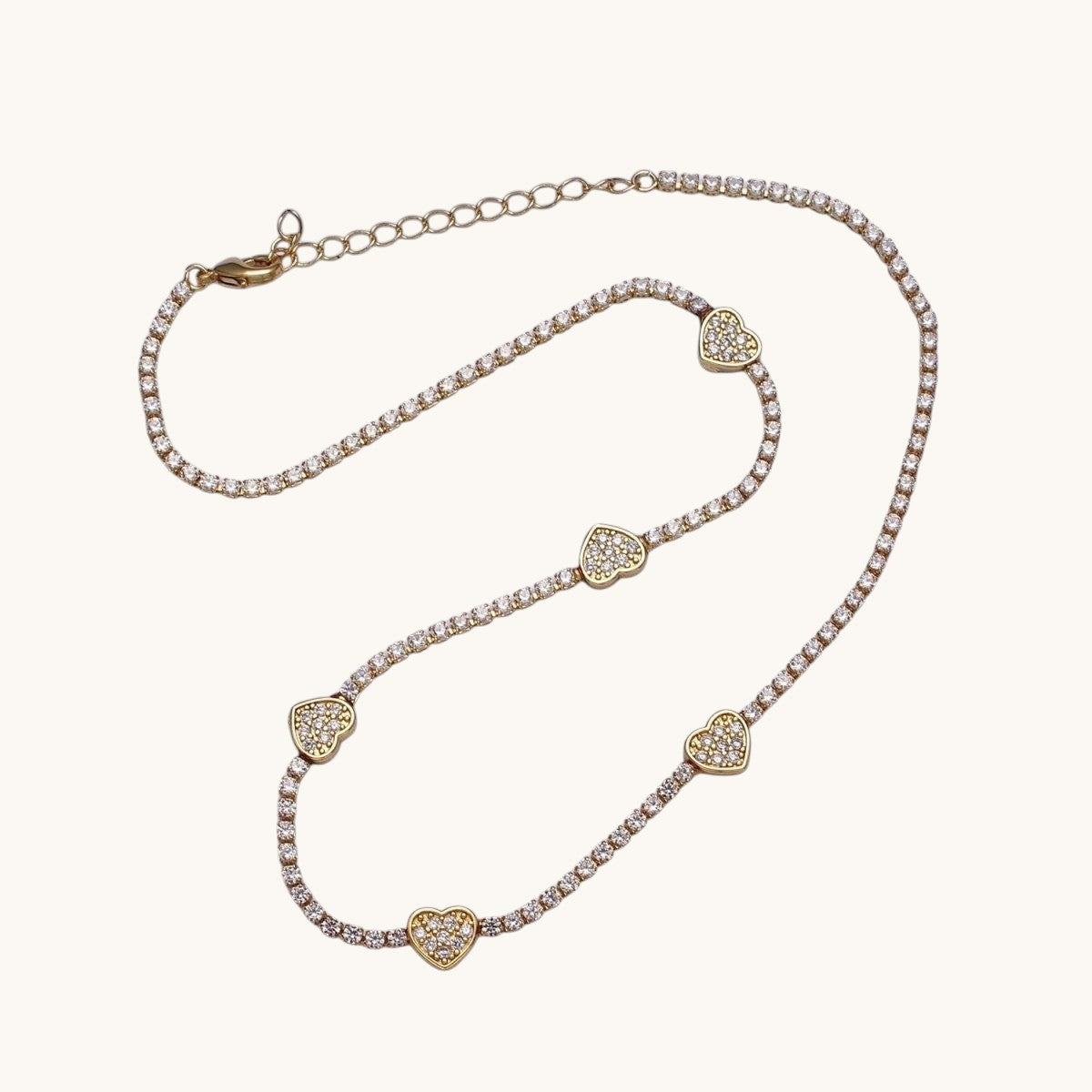 Gorgeous 24k Gold Filled Heart Tennis Chain 14 Inch Choker Necklace in Gold & Silver