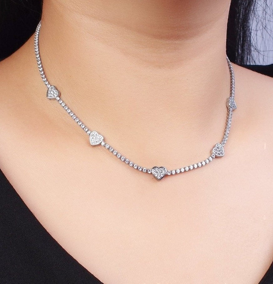 Gorgeous 24k Gold Filled Heart Tennis Chain 14 Inch Choker Necklace in Gold & Silver