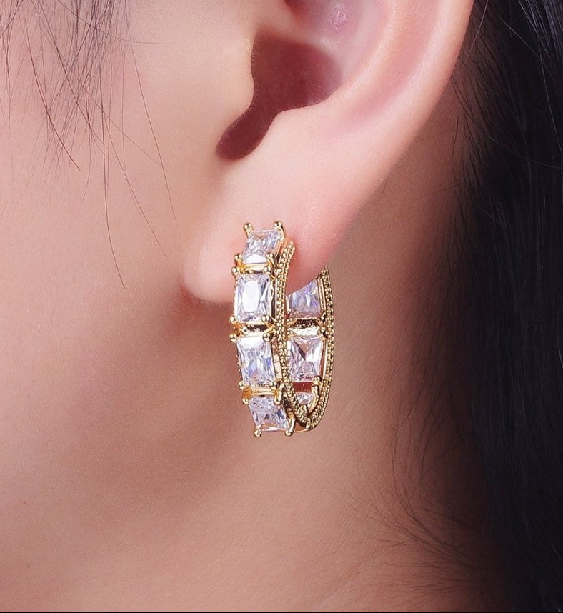 Gorgeous Gold-Filled Inside-Out Double Sided Baguette Cubic Zirconia Beaded Huggie Hoop Earrings