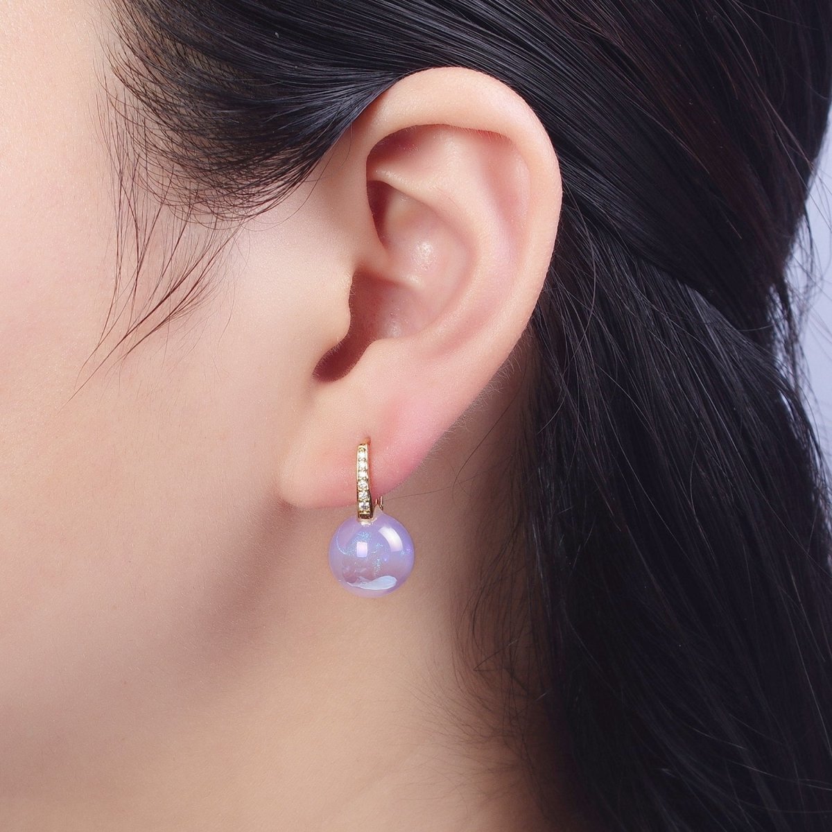 24K Gold Filled Lever back Earrings Small Huggie Hoops Earrings with Round Pastel Ball