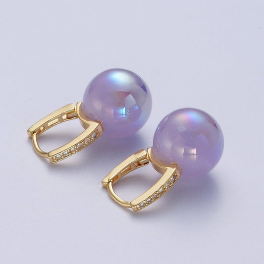 24K Gold Filled Lever back Earrings Small Huggie Hoops Earrings with Round Pastel Ball