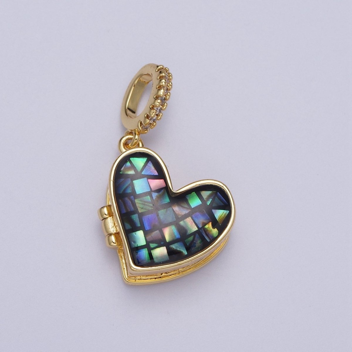 24K Gold-Filled 28mm Marian Cross Black, Blue, White, Green Shell Opal Heart Locket Pendant