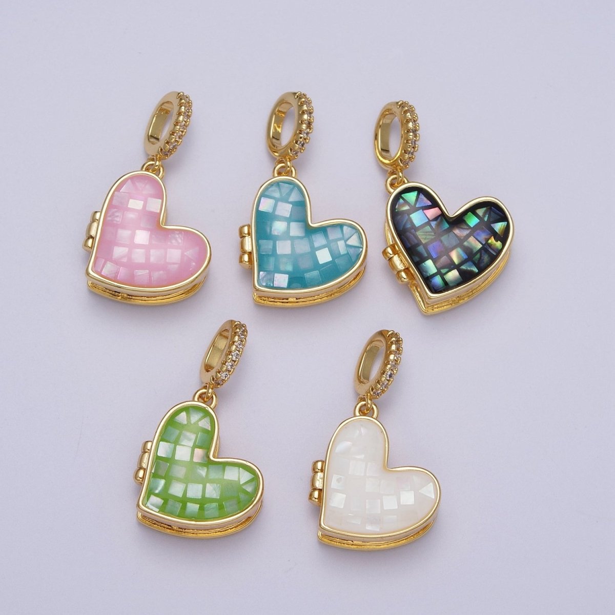 24K Gold-Filled 28mm Marian Cross Black, Blue, White, Green Shell Opal Heart Locket Pendant