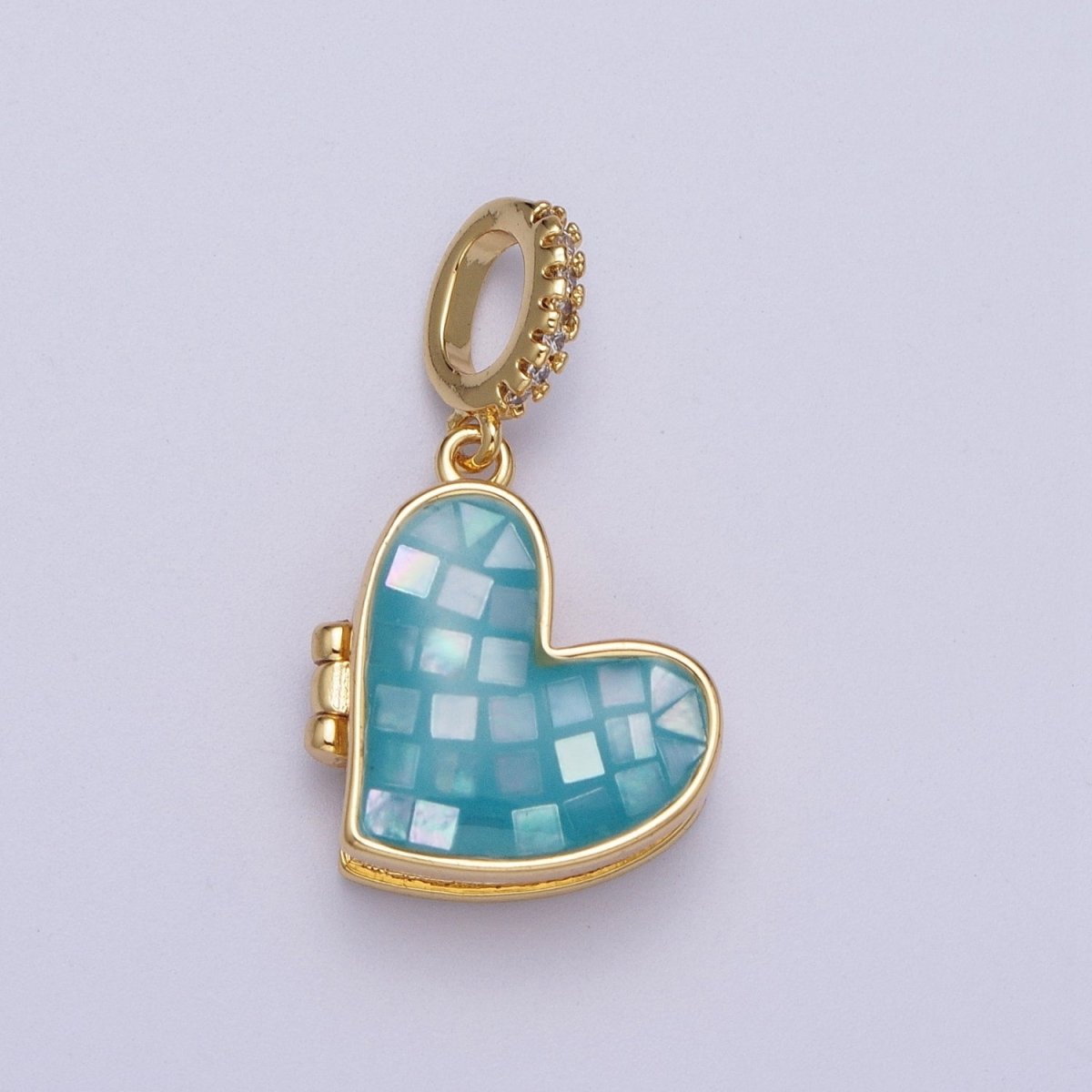 24K Gold-Filled 28mm Marian Cross Black, Blue, White, Green Shell Opal Heart Locket Pendant